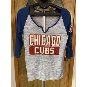 NEW ERA CHICAGO CUBS WOMENS BLUE NOVELTY SPACE DYE RAGLAN LS TEE size medium